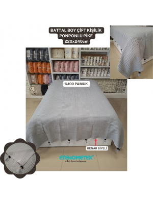 ETEHOMETEX PONPONLU PAMUK PİKE ÇİFT KİŞİLİK 220X240CM GRİ 8696474231903